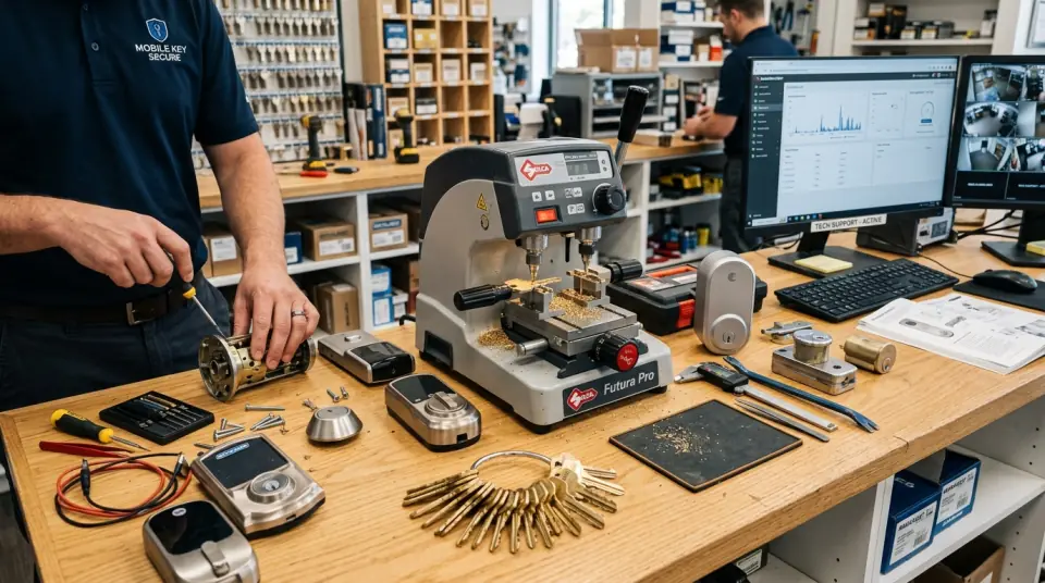 Locksmith Halifax customer service desk with key cutting machines, keypad locks and security hardware